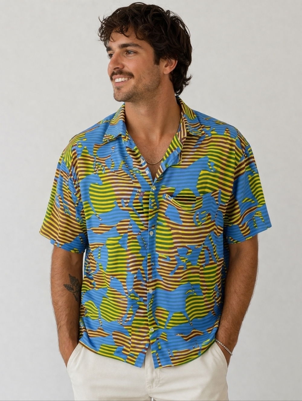 Wrangler Men's XXL Striped Horse Graphic Short Sleeve Viscose Button Up Shirt